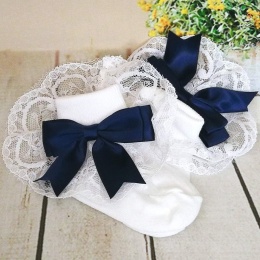 Girls White & Navy Large Satin Bow Lace Socks